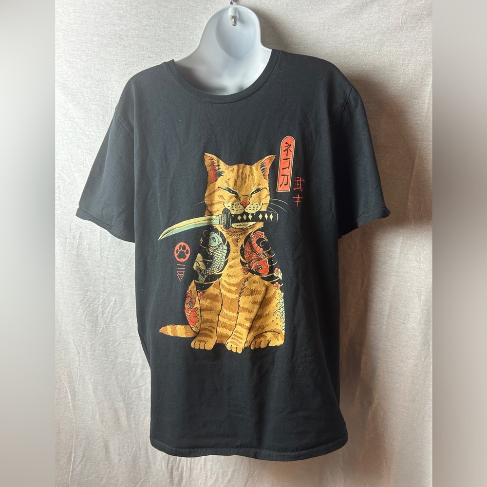 Threadless Japanese Samurai Ninja Cat Graphics Black Tshirt - Unisex L